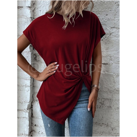 Twist Detail Burgundy Tee Shirt Short Sleeve Round Neck - Picture 6 of 12